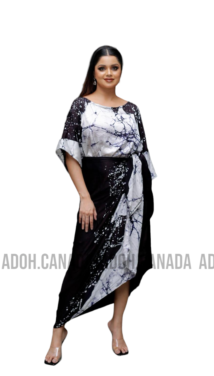 EC0012 - Elegant Silk Batik Dress|Black & White| Ceylon Batik | Hand Made  | Silk Dress | Summer Wear| Party Wear