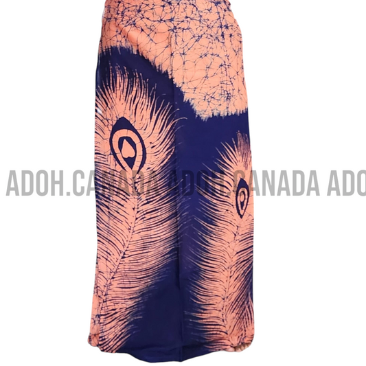 LU0009 - Peach and dark blue "Peacock feather" designed Batik Lungi Skirt |Ceylon Batik | Hand Made | Summer Collection | Cotton Batik Lungi | Aurudu Collection