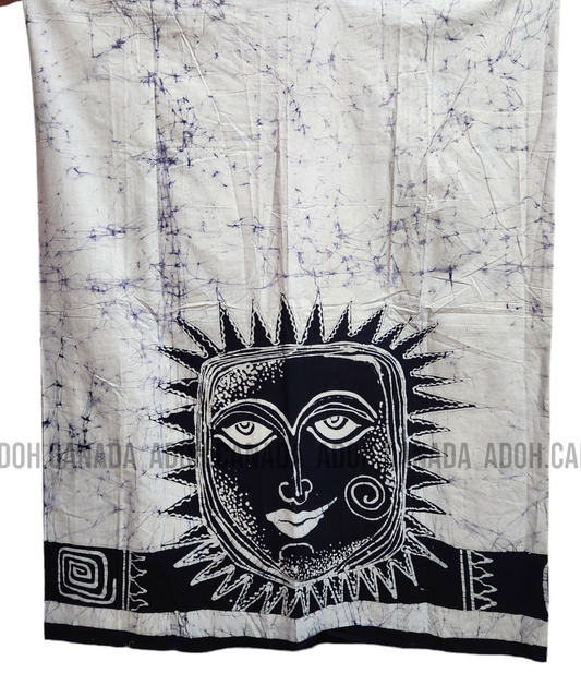 CSA0019 - White Sarong with Blue Sun designed| Ceylon Batik | Hand Made | Men's Collection | Cotton Sarong| Summer Wear | Party Wear