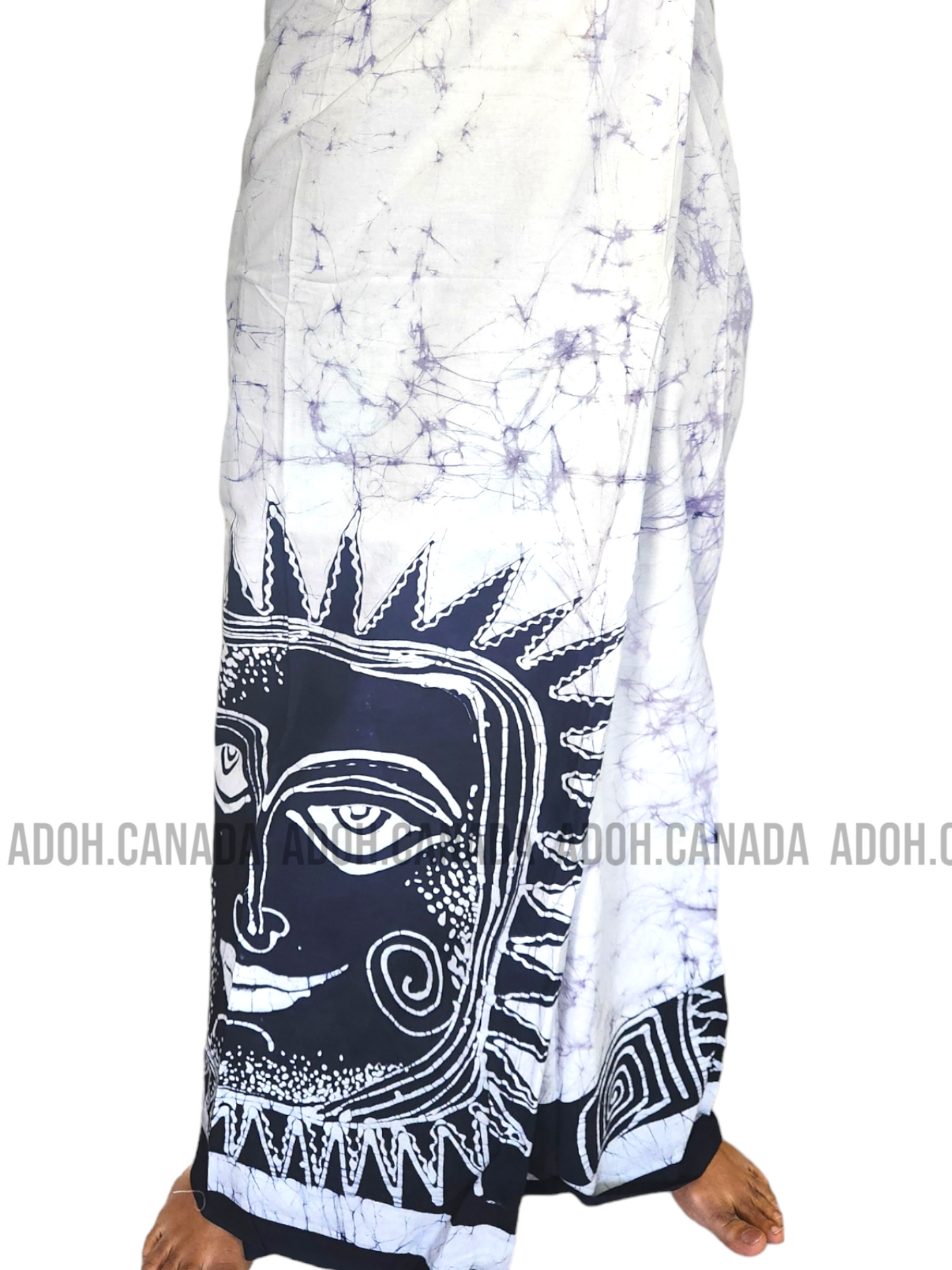 CSA0019 - White Sarong with Blue Sun designed| Ceylon Batik | Hand Made | Men's Collection | Cotton Sarong| Summer Wear | Party Wear