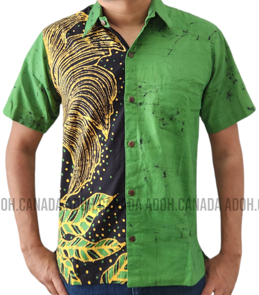 SH1151 - Black and yellow designed Green Batik Shirt | Ceylon Batik | Hand Made | Men's Collection | Cotton Shirt | Summer Wear