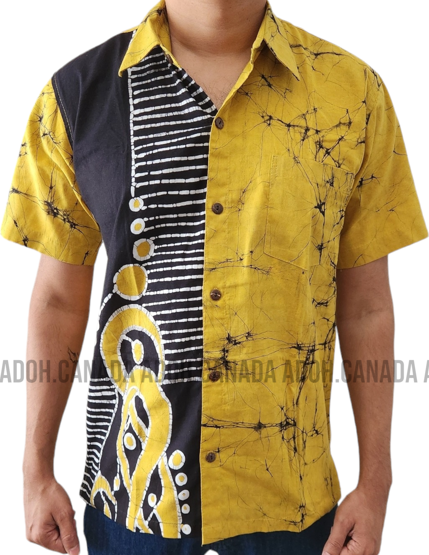 SH1146 - Yellow and Black designed Batik Shirt | Ceylon Batik | Hand Made | Men's Collection | Cotton Shirt | Summer Wear