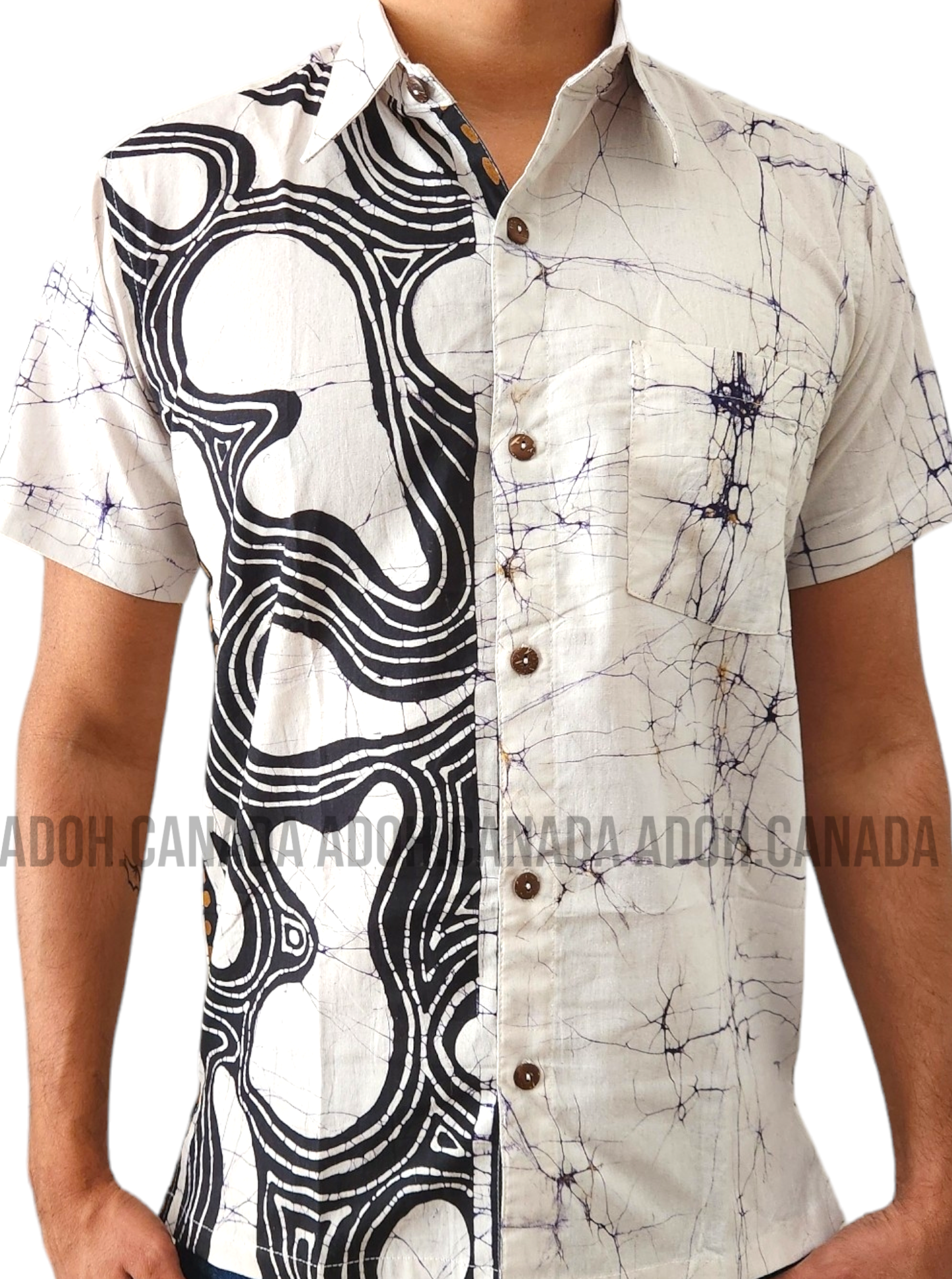 SH1145 - White with black designed Batik Shirt | Ceylon Batik | Hand Made | Men's Collection | Cotton Shirt | Summer Wear