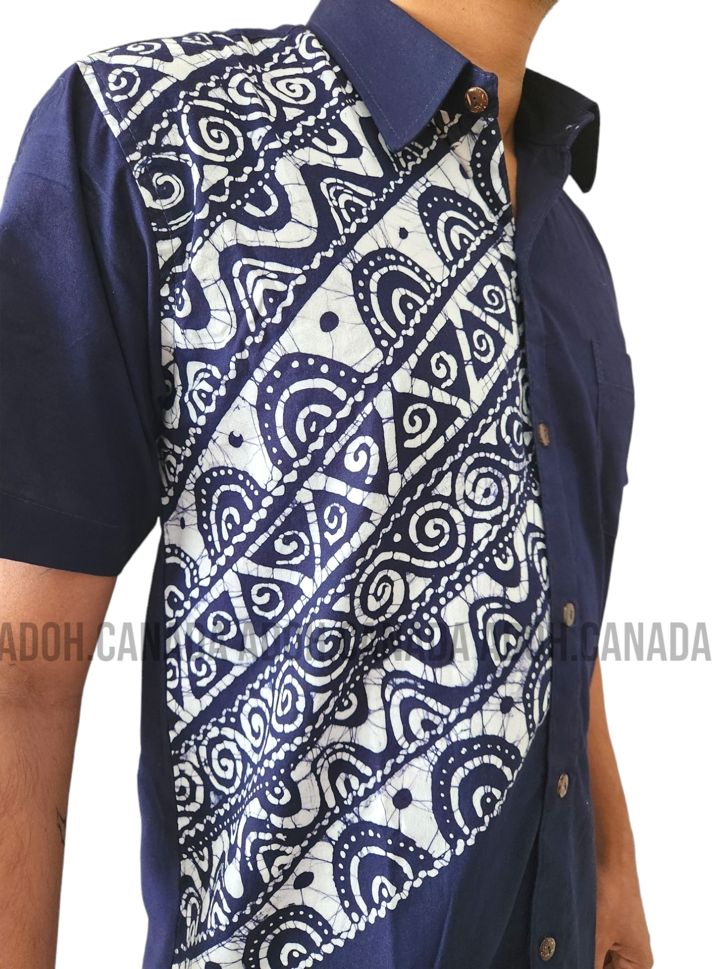 SH1148 - Dark Blue with white designed Batik Shirt | Ceylon Batik | Hand Made | Men's Collection | Cotton Shirt | Summer Wear