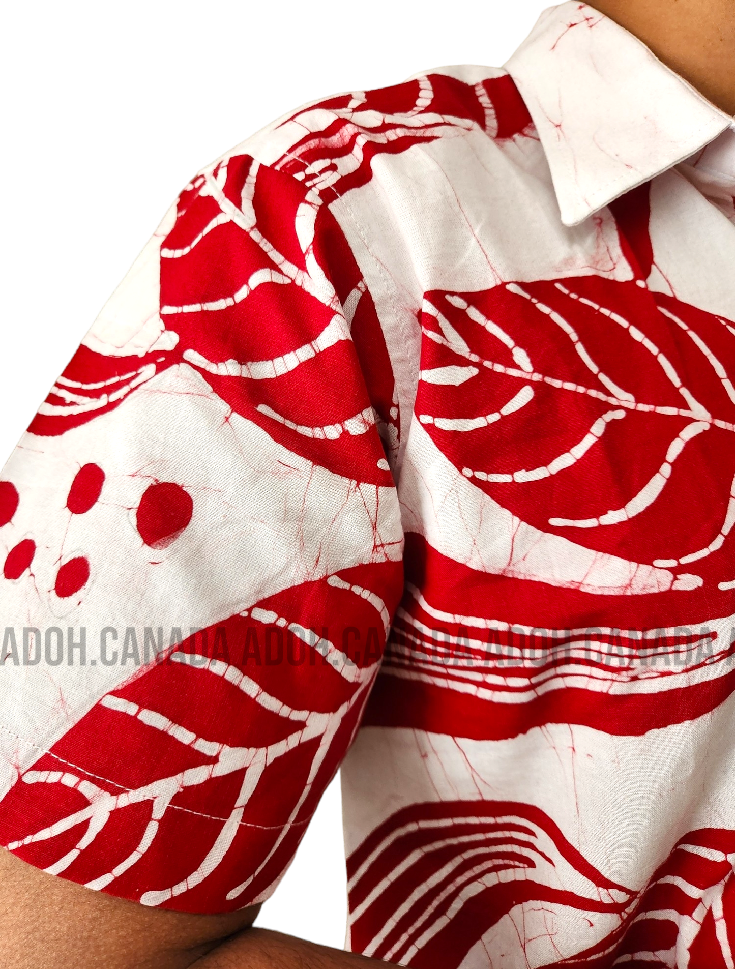 SH1152 - Red and white leafy designed Batik Shirt | Ceylon Batik | Hand Made | Men's Collection | Cotton Shirt | Summer Wear