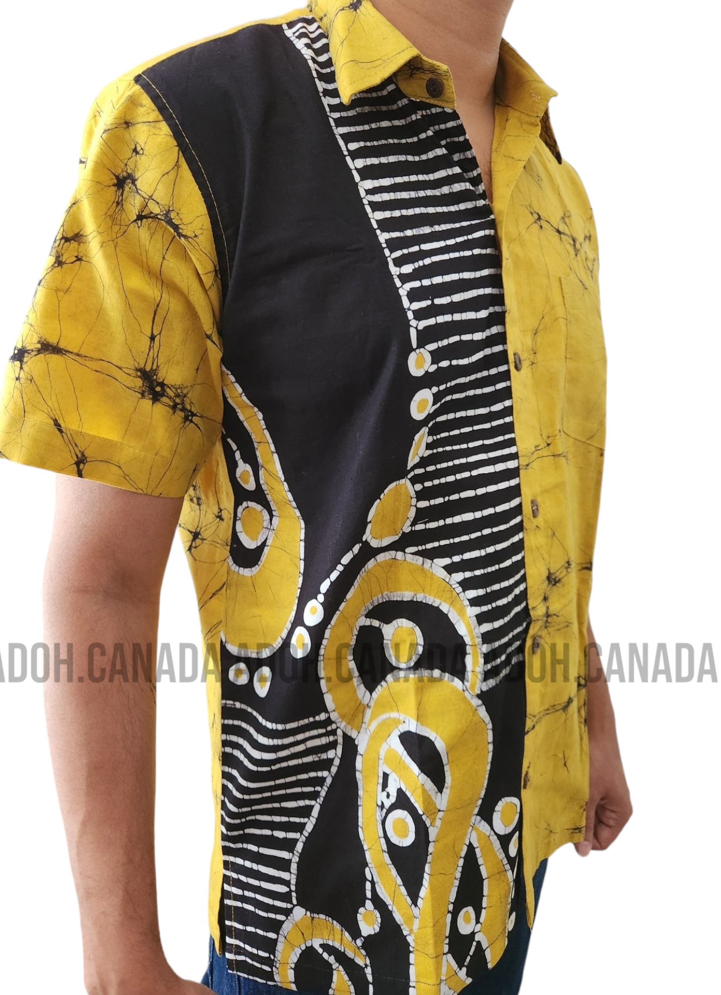 SH1146 - Yellow and Black designed Batik Shirt | Ceylon Batik | Hand Made | Men's Collection | Cotton Shirt | Summer Wear