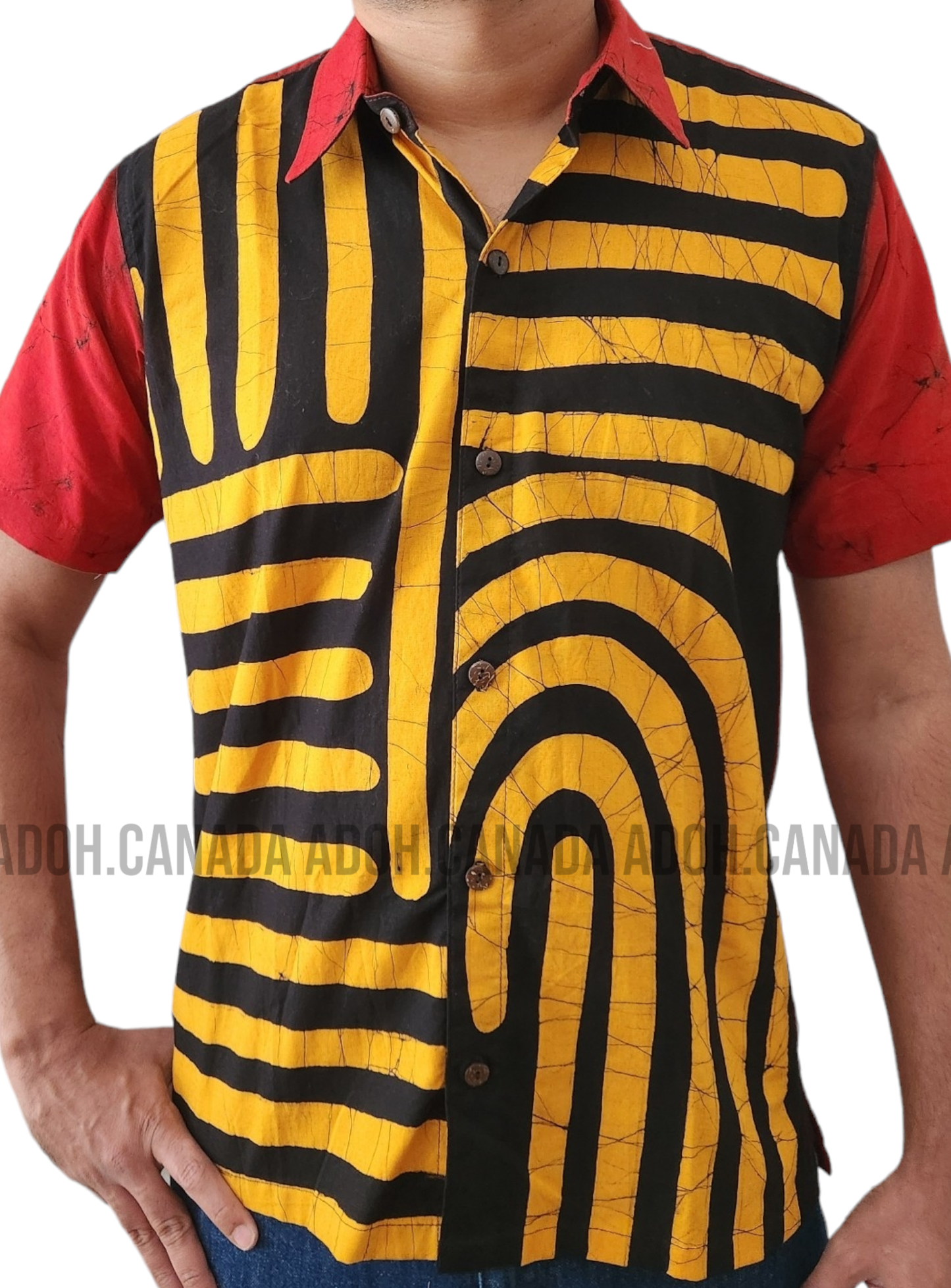 SH1143 - Black and yellow designed Red Batik Shirt | Ceylon Batik | Hand Made | Men's Collection | Cotton Shirt | Summer Wear