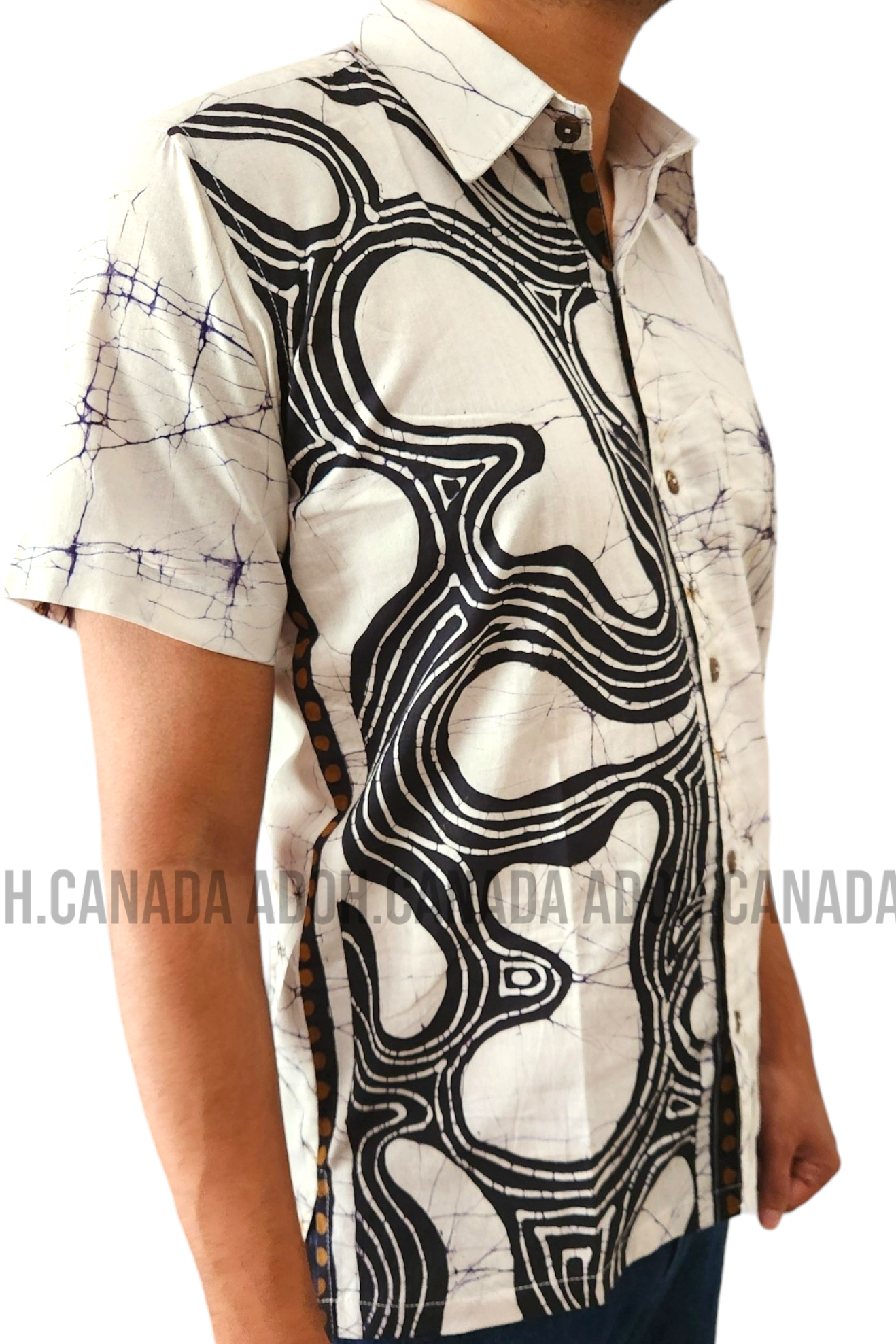 SH1145 - White with black designed Batik Shirt | Ceylon Batik | Hand Made | Men's Collection | Cotton Shirt | Summer Wear