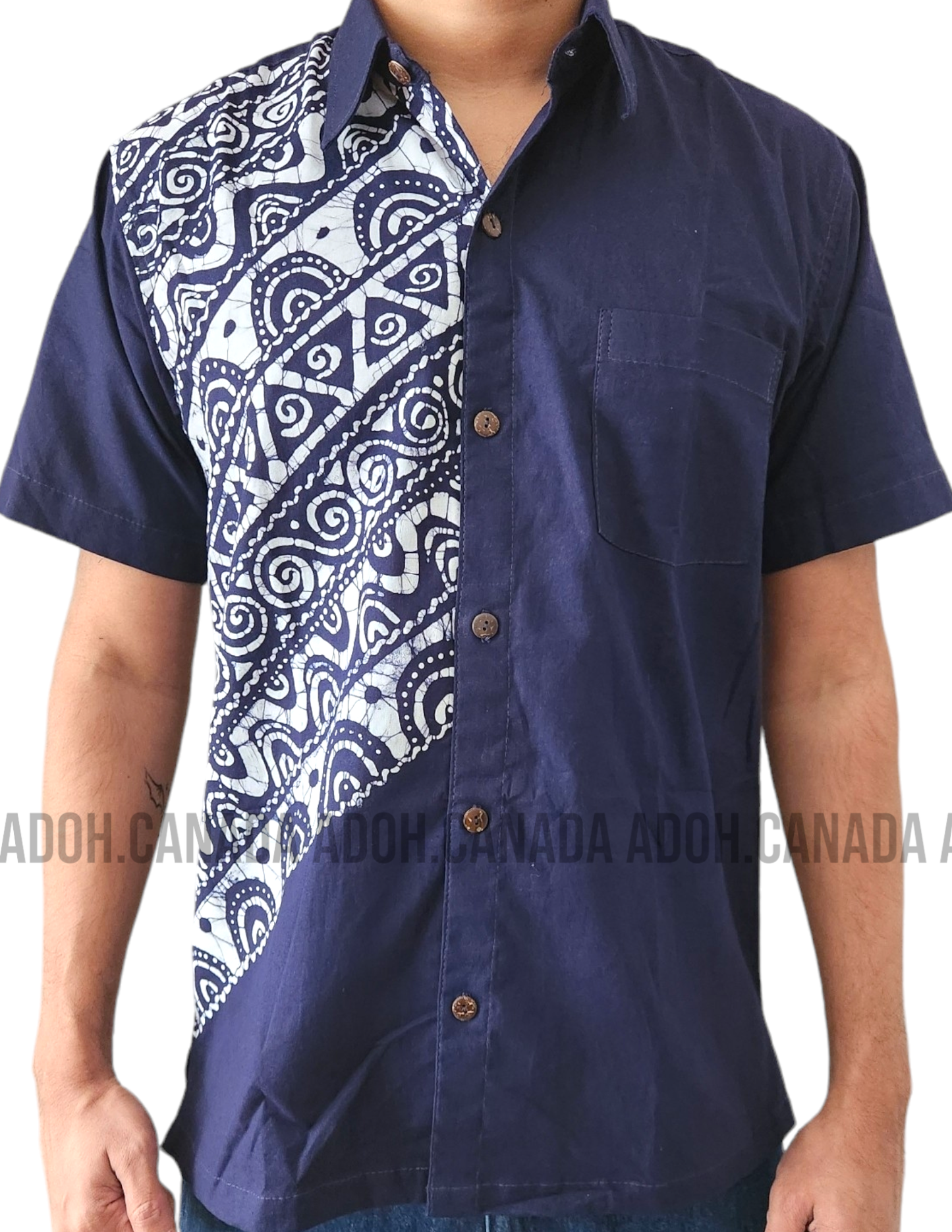 SH1148 - Dark Blue with white designed Batik Shirt | Ceylon Batik | Hand Made | Men's Collection | Cotton Shirt | Summer Wear