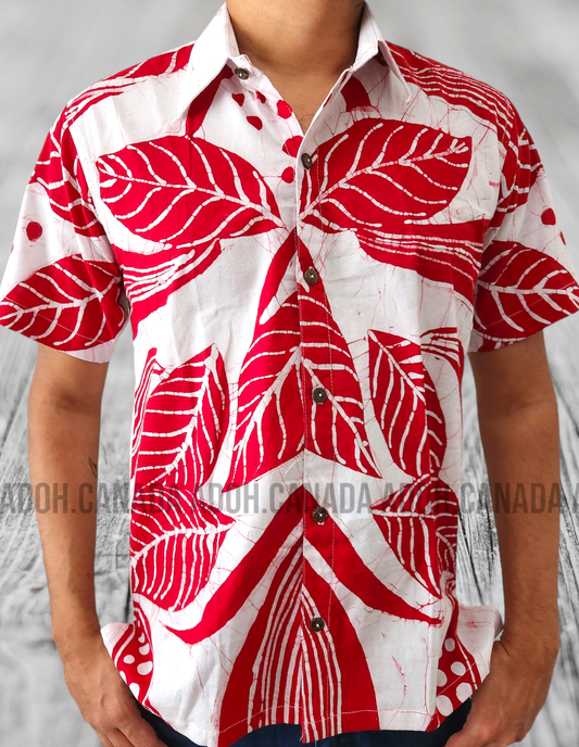 SH1152 - Red and white leafy designed Batik Shirt | Ceylon Batik | Hand Made | Men's Collection | Cotton Shirt | Summer Wear