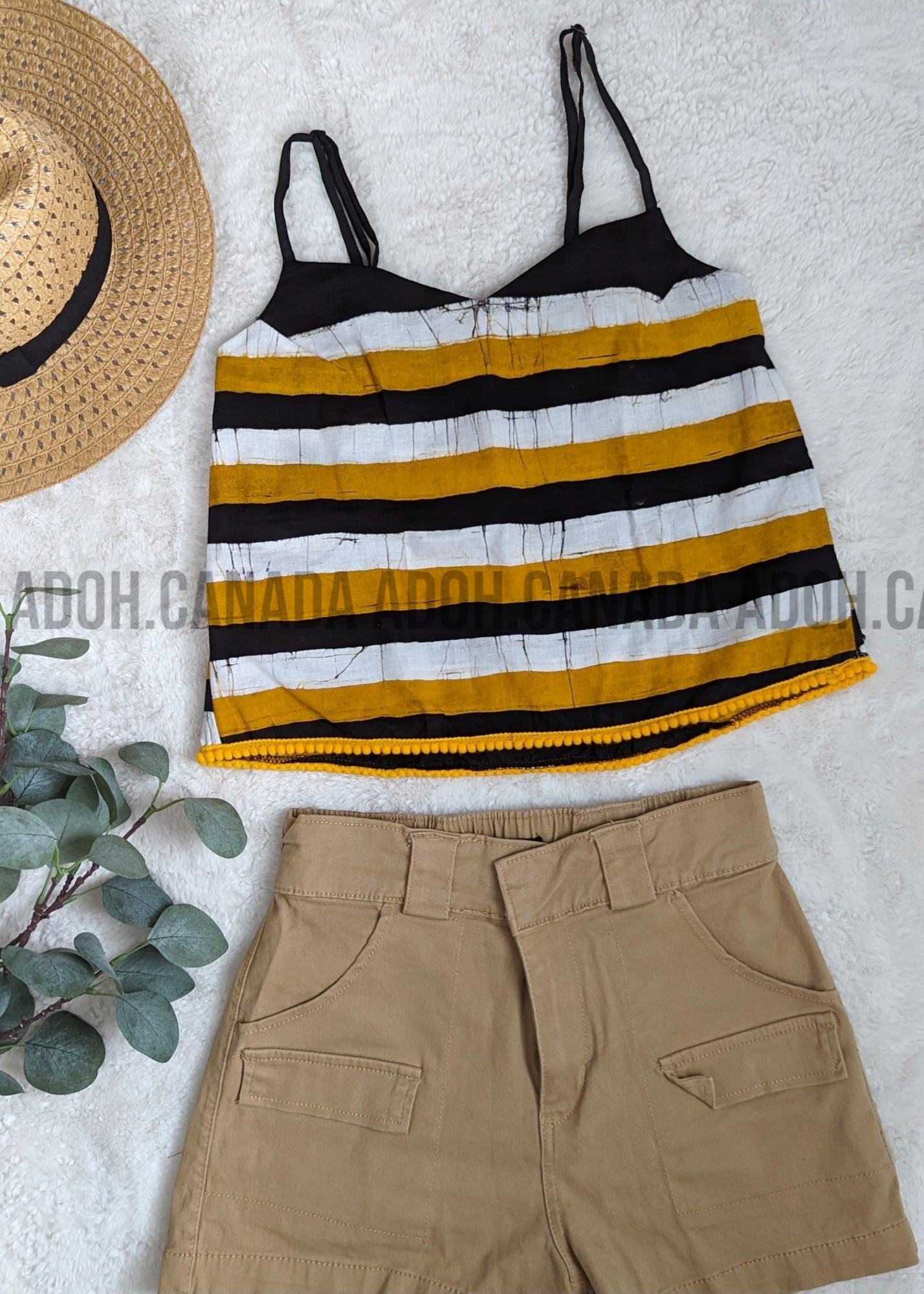 CC0487 - Black, white, and yellow strips designed crop Top Batik | Ceylon Batik | Hand Made | Summer Collection | Cotton Dress | Summer Wear