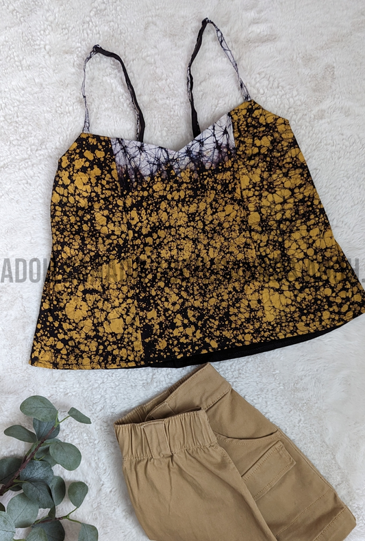 CC0490 - Black with yellow and white designed crop Top Batik | Ceylon Batik | Hand Made | Summer Collection | Cotton Dress | Summer Wear