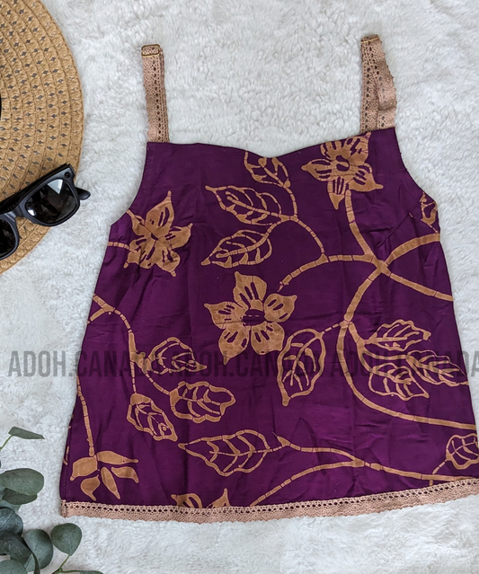 CC0502 - Dark purple and baige flower designed crop Top Batik | Ceylon Batik | Hand Made | Summer Collection | Cotton Dress | Summer Wear