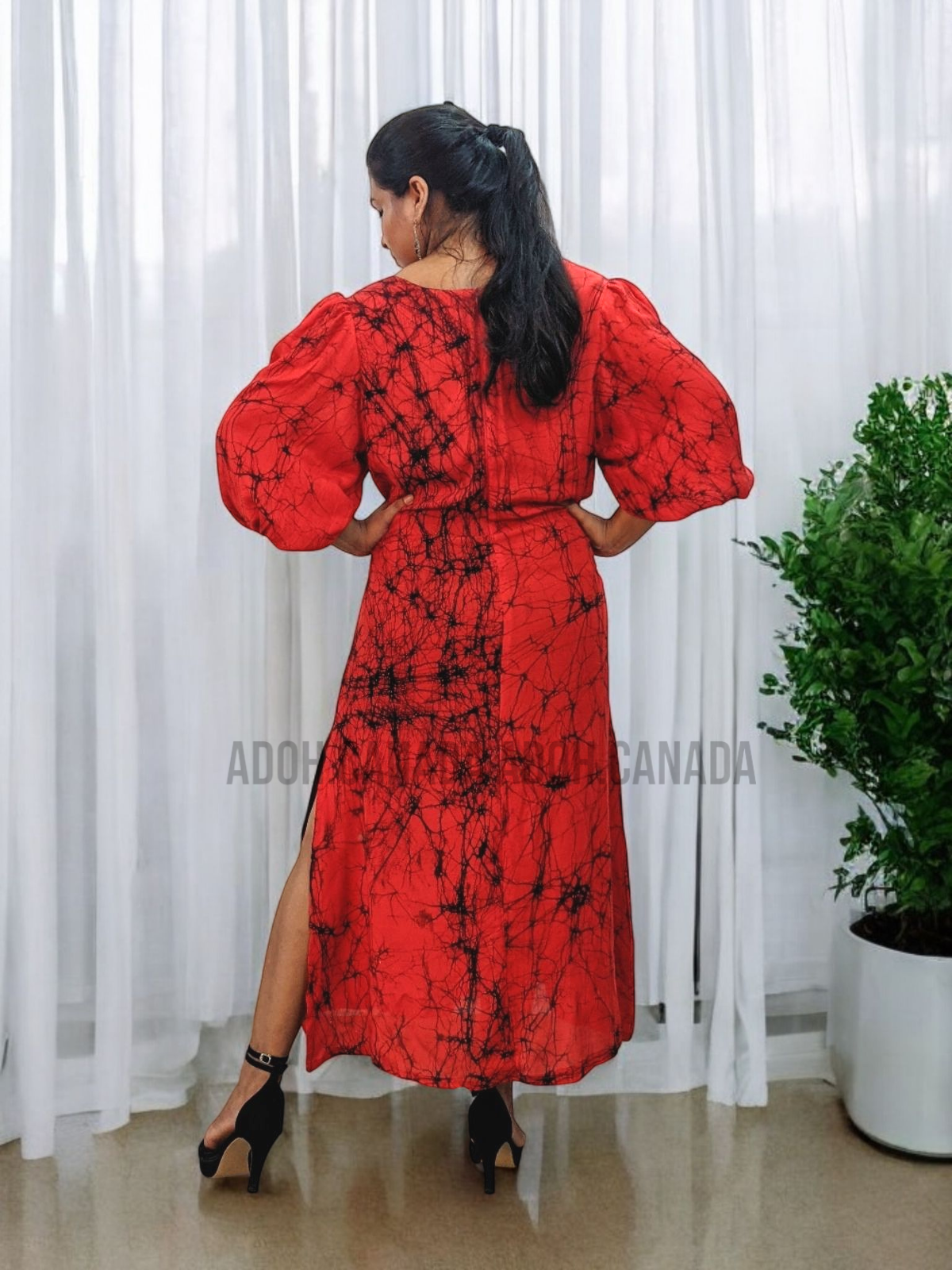 EC1215 - Red Long Batik Dress with Black design | Ceylon Batik | Hand Made | Exclusive Collection | Long Dress | Party Wear