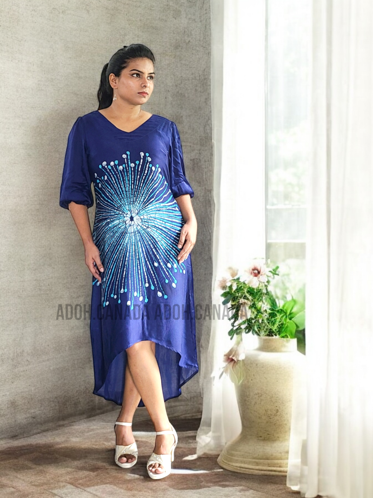 Adoh SC1200- Blue Silk Batik Dress with white design | Ceylon Batik | Hand ...