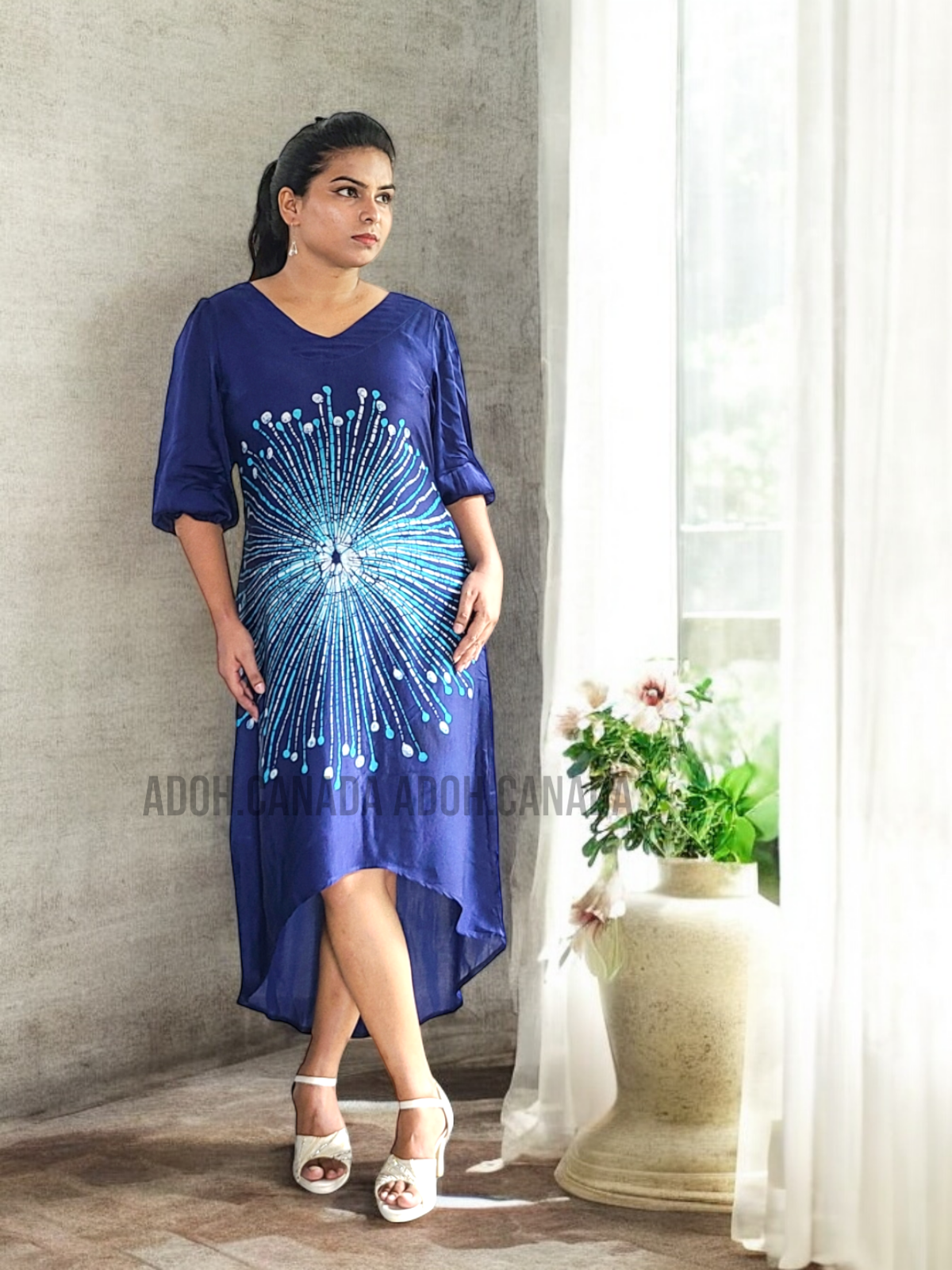 SC1200- Blue Silk Batik Dress with white design | Ceylon Batik | Hand Made |Exclusive Collection | Silk Dress | Party Wear