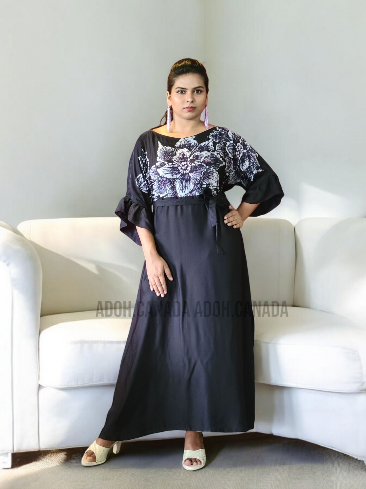 EC1201 - Black Silk Batik Dress with White Floral design | Ceylon Batik | Hand Made  | Silk Dress |Exclusive Collection| Party Wear