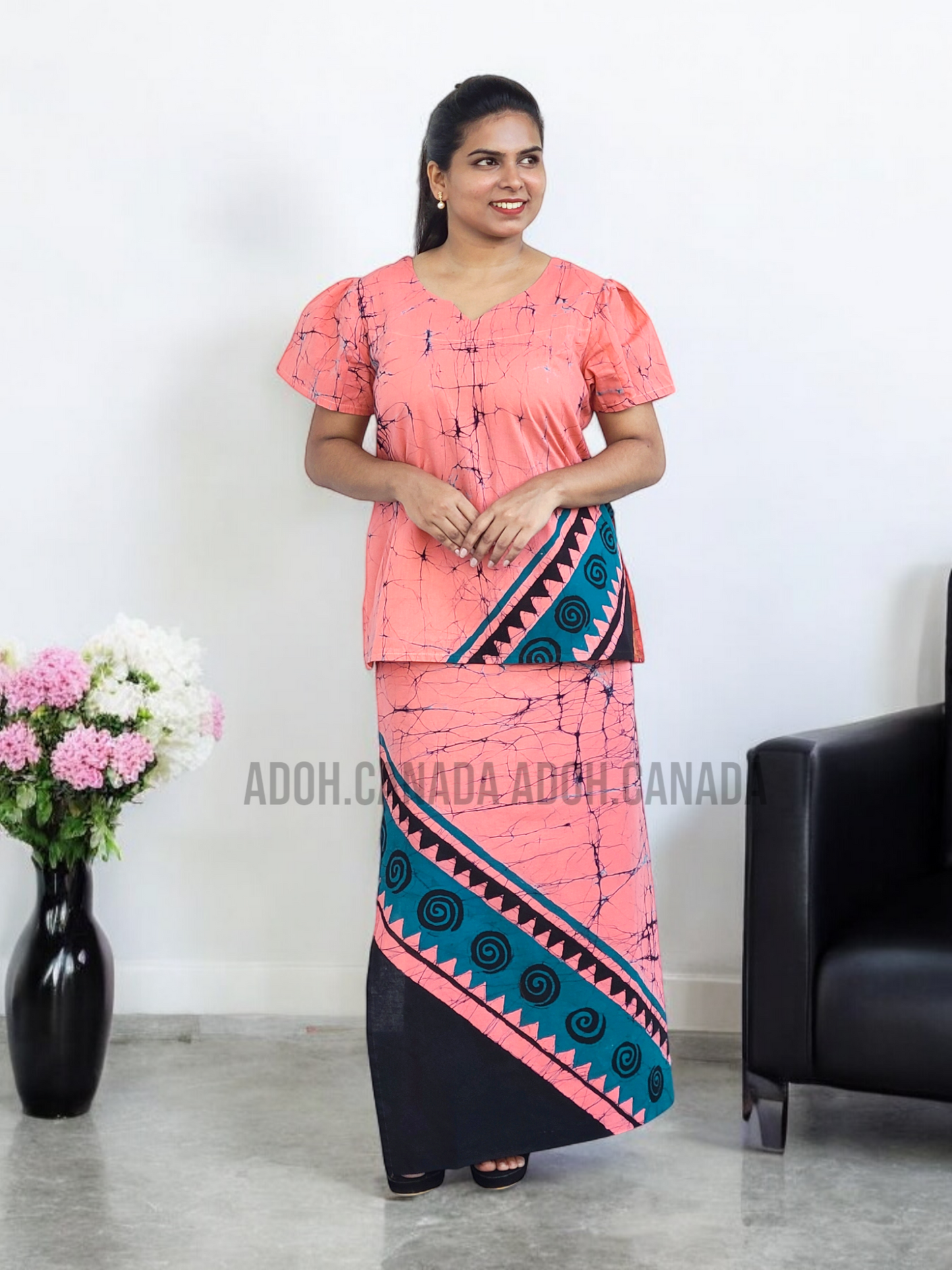 LU1234 - Pink with black and green designed Batik Lungi Skirt and Top |Ceylon Batik | Hand Made | Summer Collection | Cotton Batik Lungi | Traditional Collection