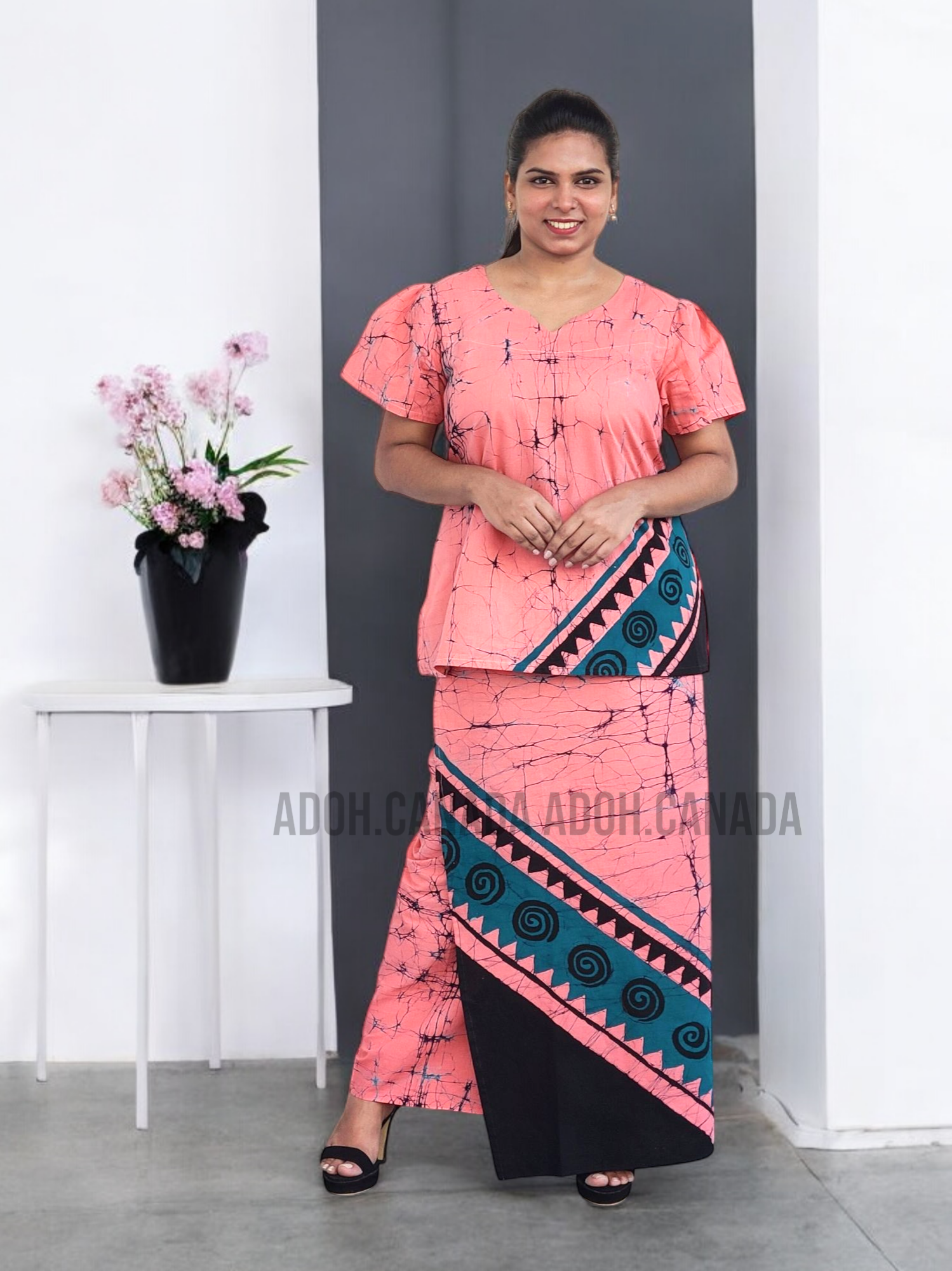 Adoh LU1234 - Pink with black and green designed Batik Lungi Skirt and Top ...