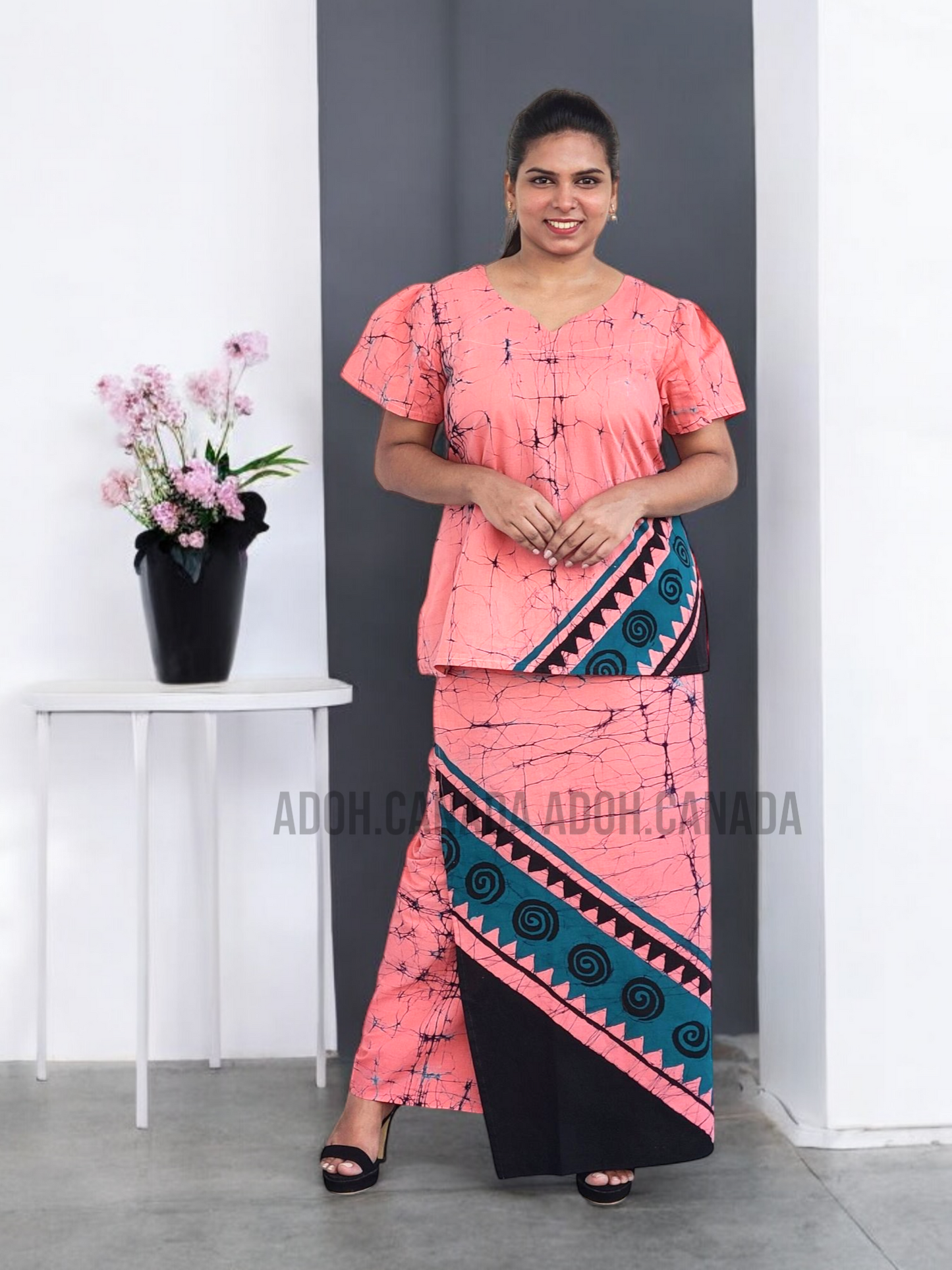 LU1234 - Pink with black and green designed Batik Lungi Skirt and Top |Ceylon Batik | Hand Made | Summer Collection | Cotton Batik Lungi | Traditional Collection