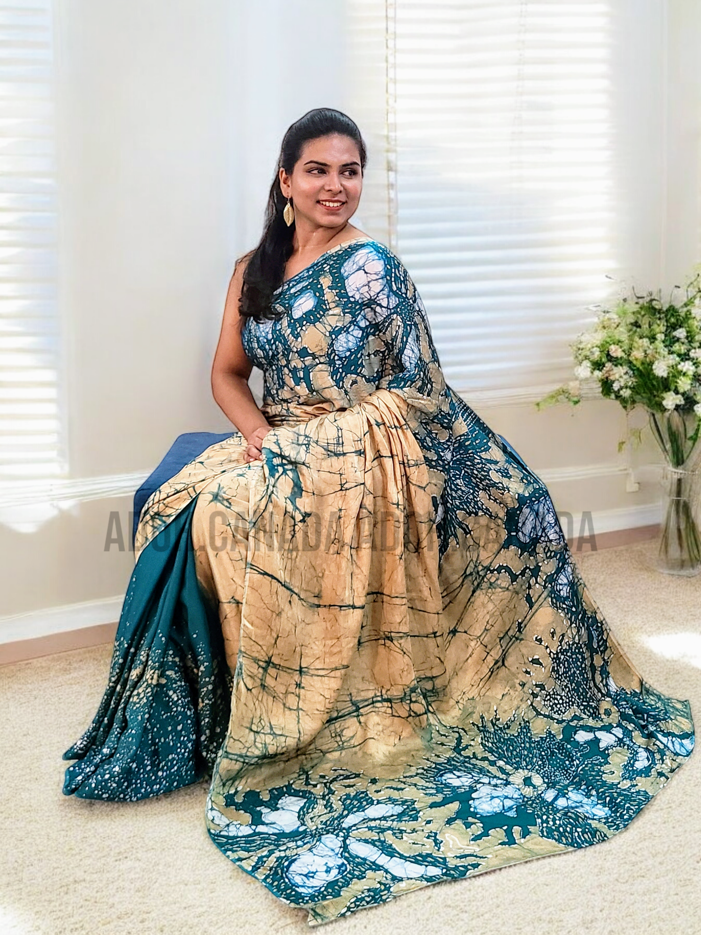 SC1190- Baige and Teal Blue Floral designed Silk Saree |Ceylon Batik|Saree collection| Silk Saree | Exclusive Collection