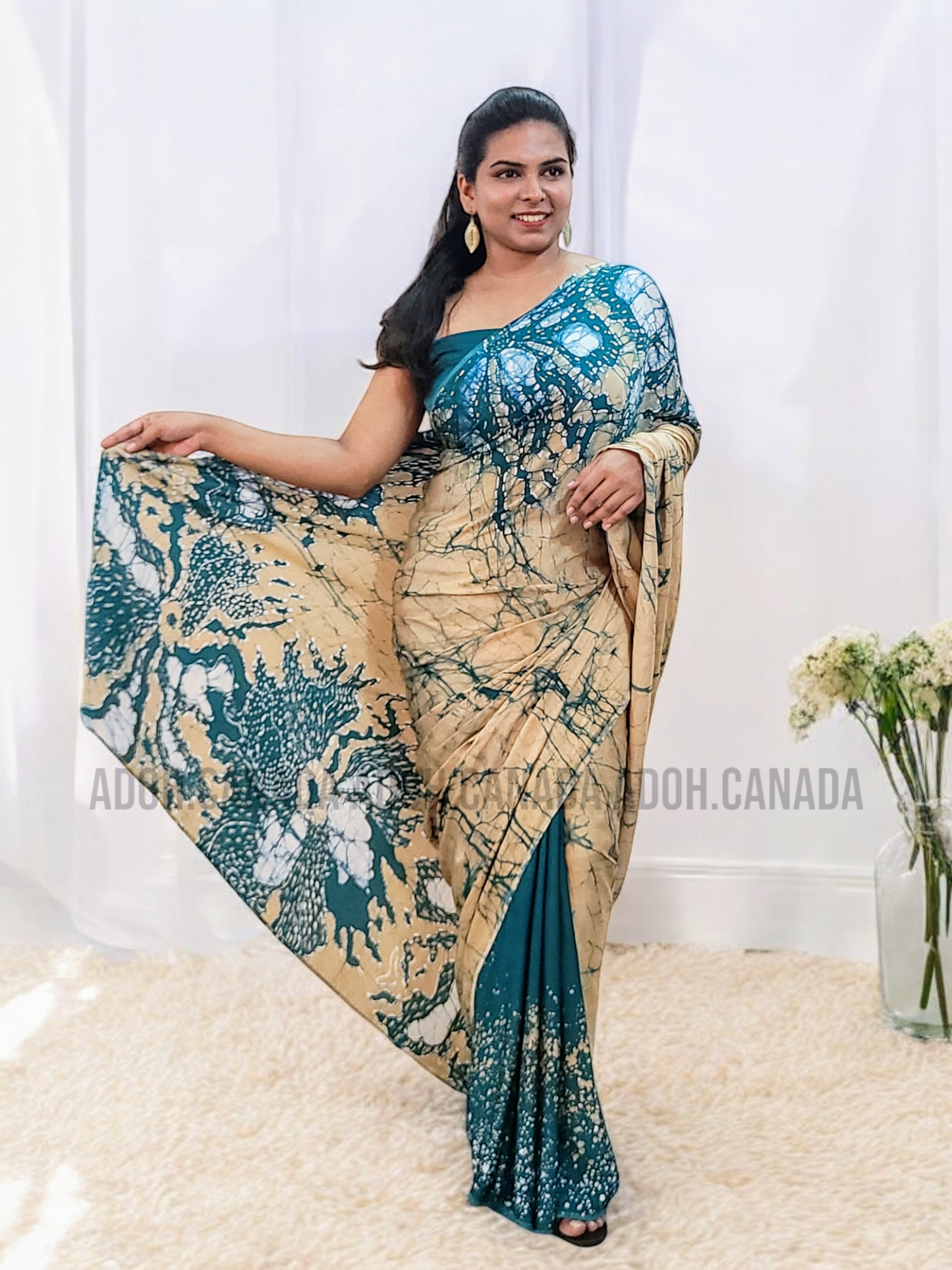 SC1190- Baige and Teal Blue Floral designed Silk Saree |Ceylon Batik|Saree collection| Silk Saree | Exclusive Collection