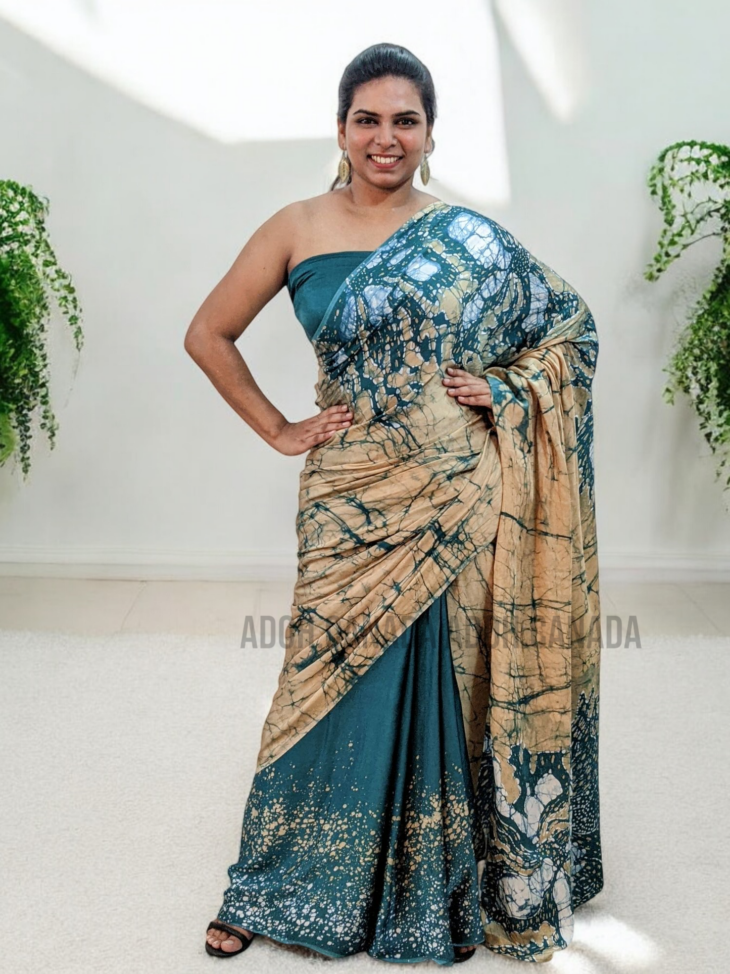 SC1190- Baige and Teal Blue Floral designed Silk Saree |Ceylon Batik|Saree collection| Silk Saree | Exclusive Collection