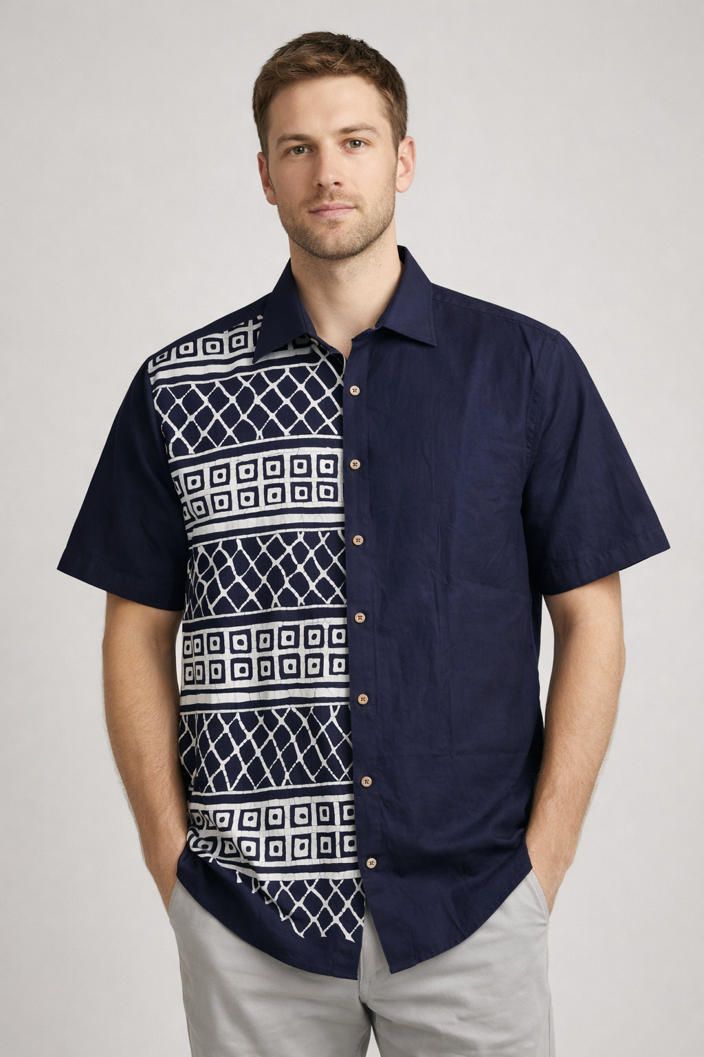 SH1472 -Dark blue with white designed Batik Shirt | Ceylon Batik | Hand Made | Men's Collection | Cotton Shirt | Summer Wear