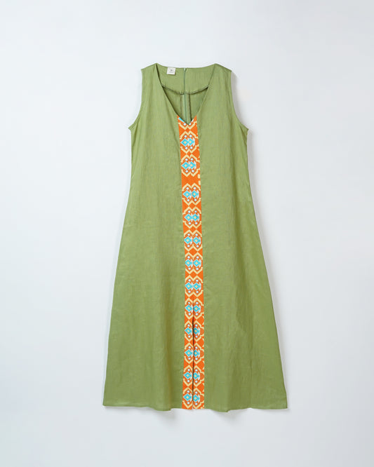 JSC006 - Green Maxi Dress Sleeveless | Sumba | Motif | Indonesian Collection | Irish Linen