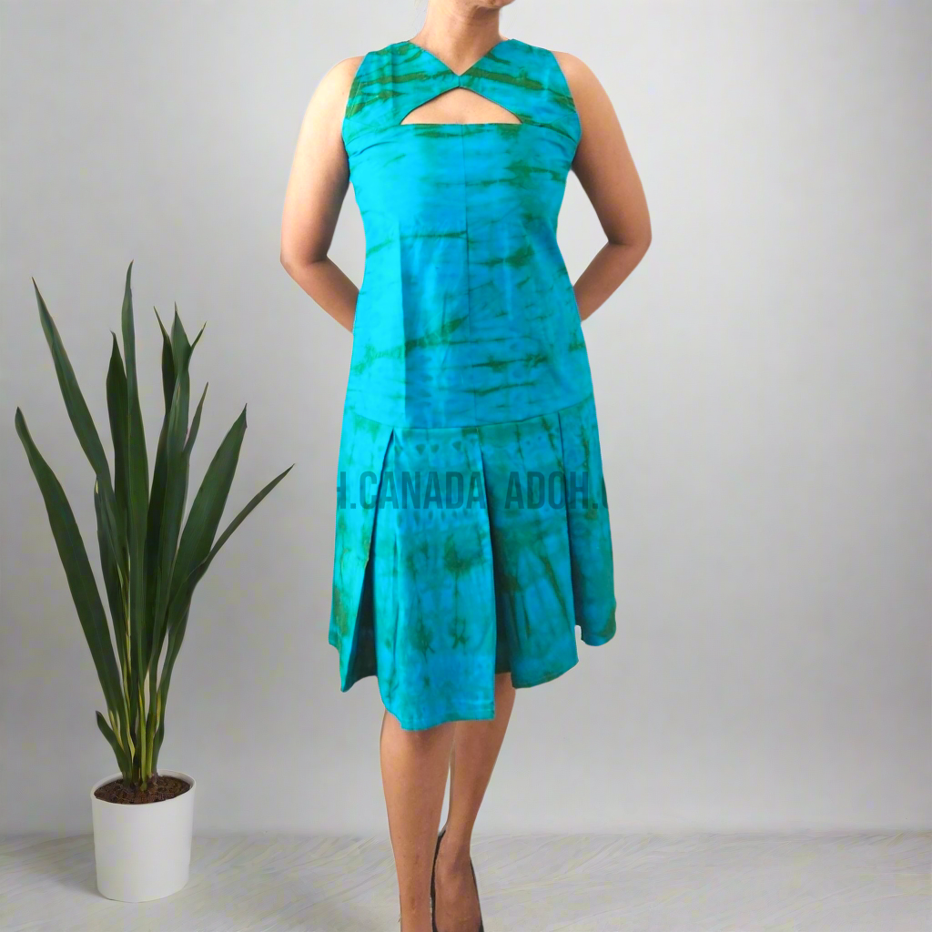 CC1136- Blue Batik Dress with greenish design| Ceylon Batik | Hand Made | Summer Collection | Cotton Dress | Summer Wear