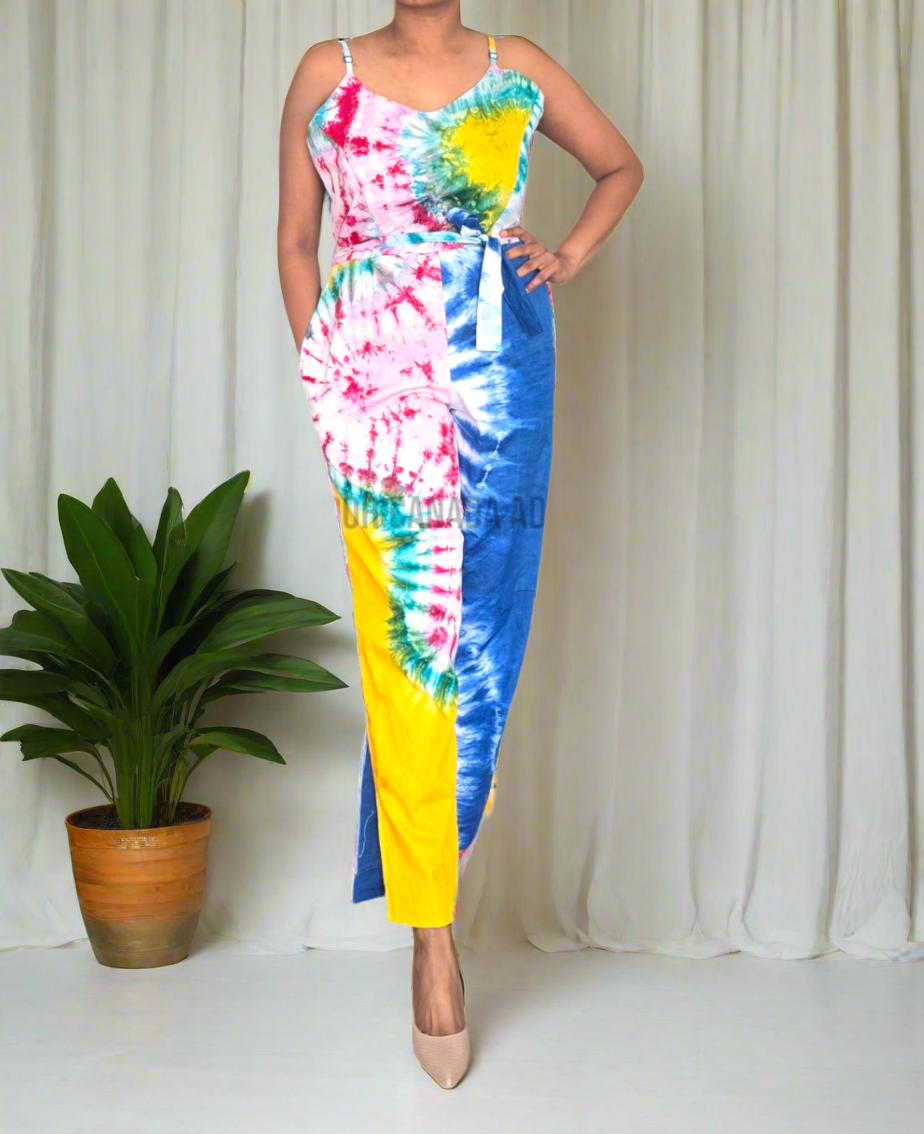 CC0682- Multicolor Batik Jumpsuit in Tie-die style | Ceylon Batik | Hand Made |Summer Collection | Cotton Jump Suit | Summer Wear