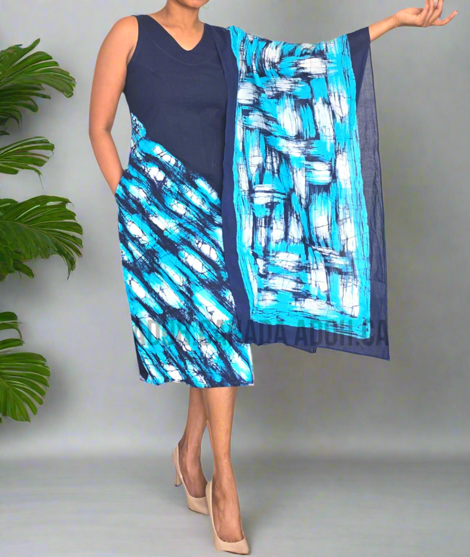 CC0600- Blue Batik Dress with dark blue and white design | Ceylon Batik | Hand Made |Summer Collection | Cotton Dress | Summer Wear