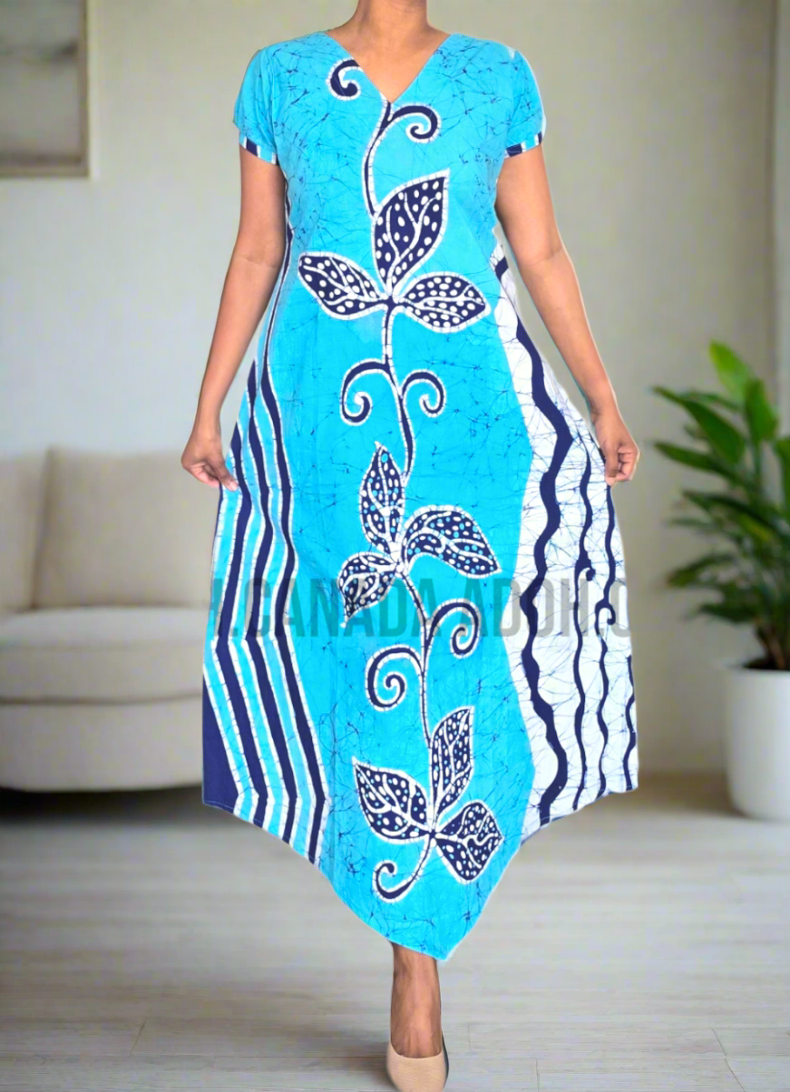 CC0975- Blue Batik Dress with dark blue and white design | Ceylon Batik | Hand Made |Summer Collection | Cotton Dress | Summer Wear