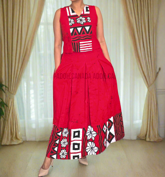 CC1176 - Red Batik Long Skirt & Top with black and white design| Ceylon Batik | Hand Made | Summer Collection | Cotton Dress | Summer Wear