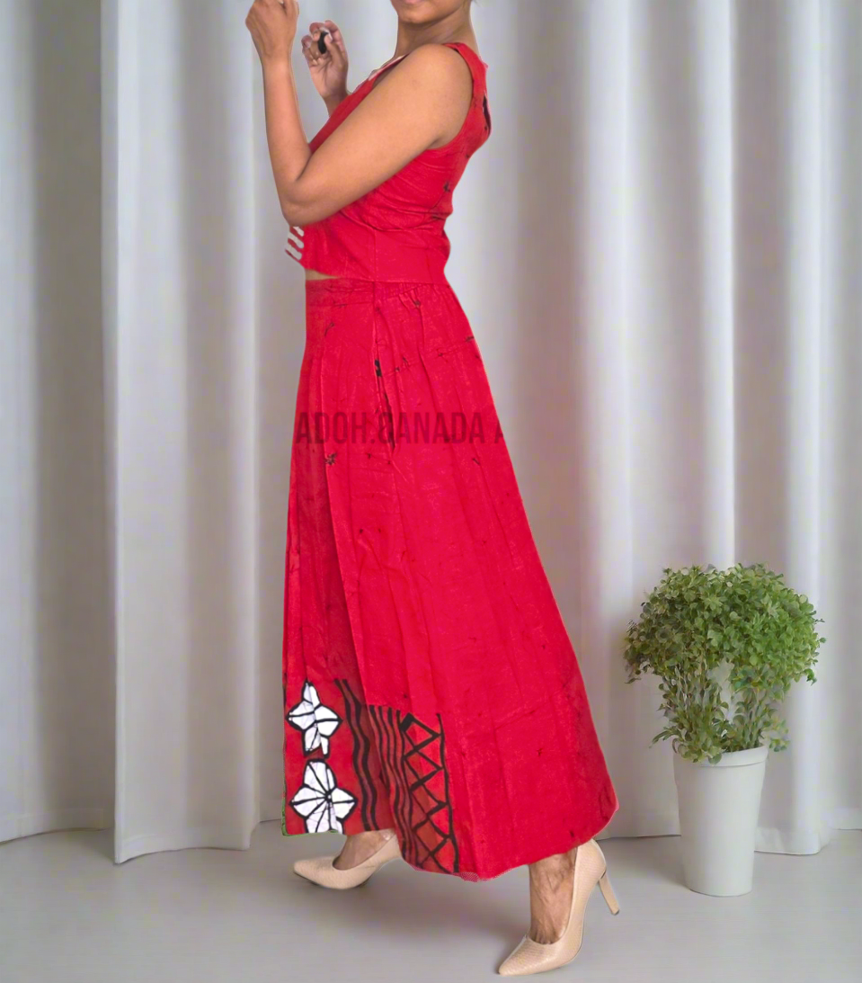 CC1176 - Red Batik Long Skirt & Top with black and white design| Ceylon Batik | Hand Made | Summer Collection | Cotton Dress | Summer Wear