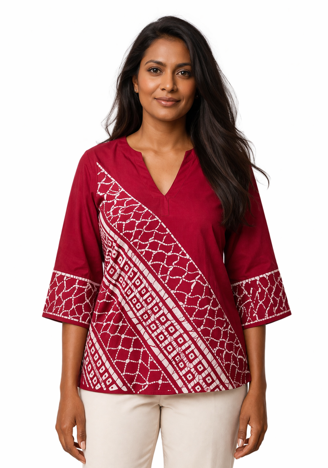 LU1615/LB1537 - Full Red with white designed Batik Lungi Skirt and blouse |Ceylon Batik | Hand Made | Summer Collection | Cotton Batik Lungi | Batik Blouse |Traditional Collection