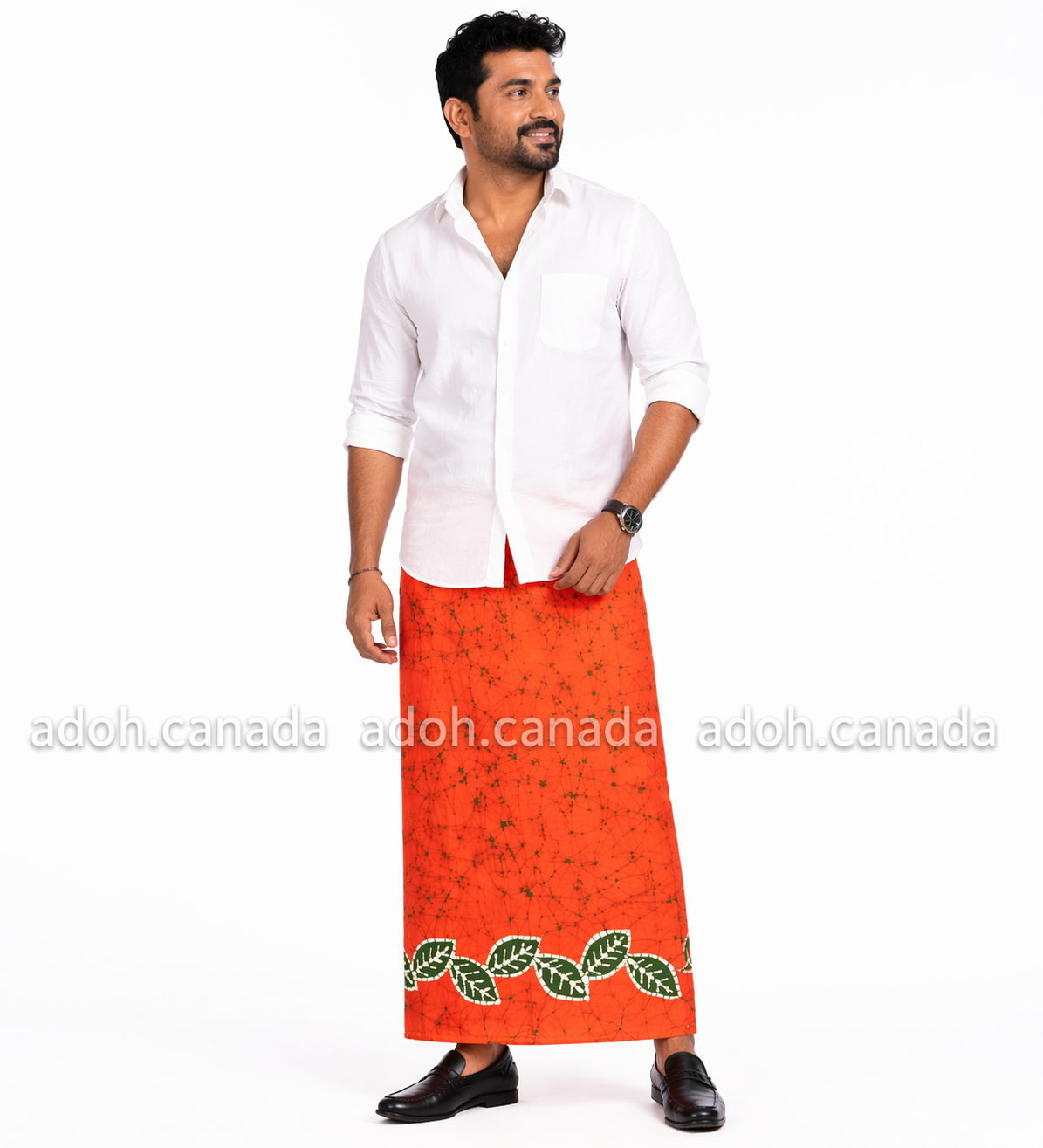 CSA1419 - Orange sarong with green leaf design| Ceylon Batik | Hand Made | Men's Collection | Cotton Sarong| Summer Wear | Party Wear