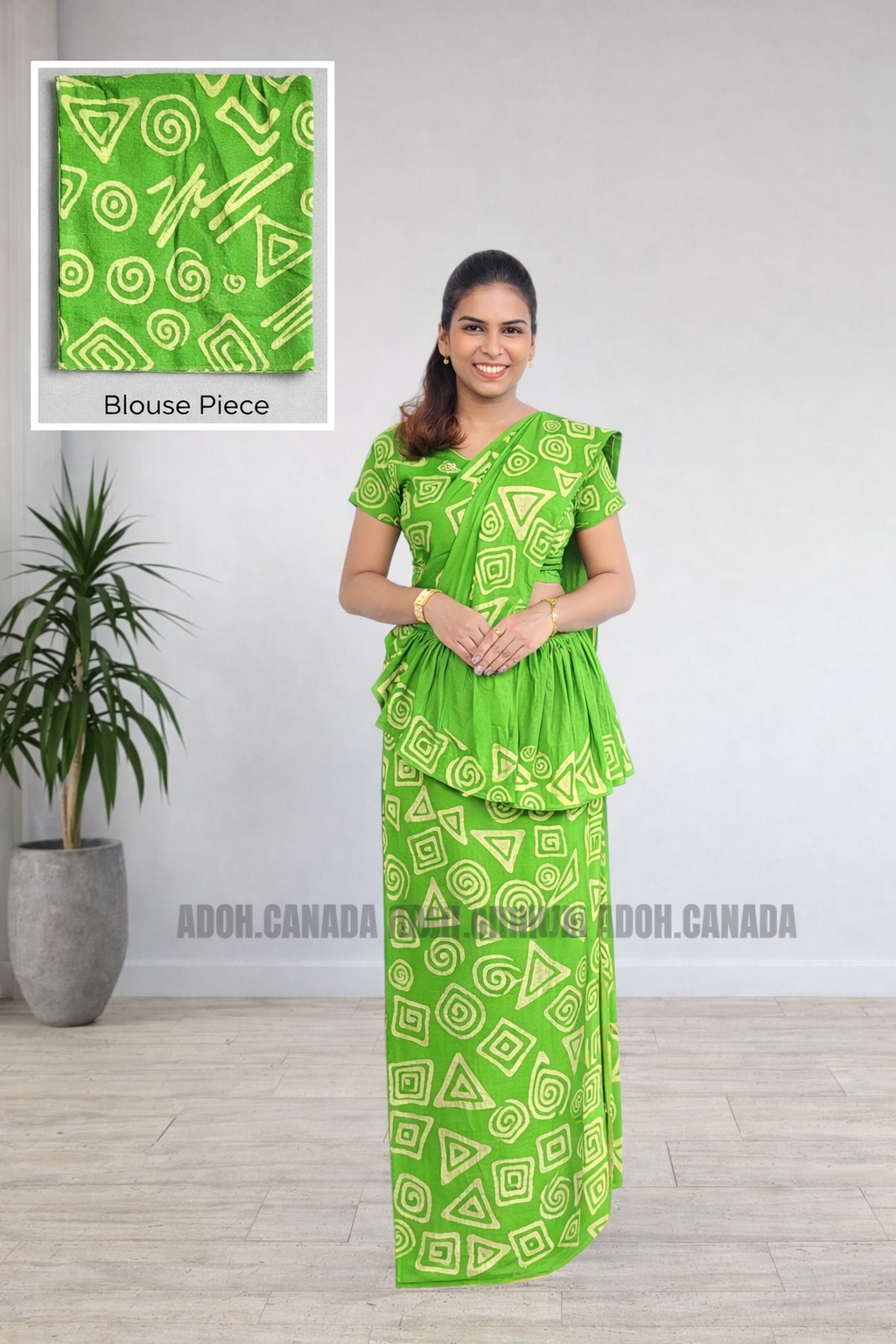 MU1568|Apple green with off-white shapes designed Kandyan Made-up|Ceylon Batik| Cotton Kandyan Made-up Saree| Exclusive Designer Wear | Kandyan Made-up