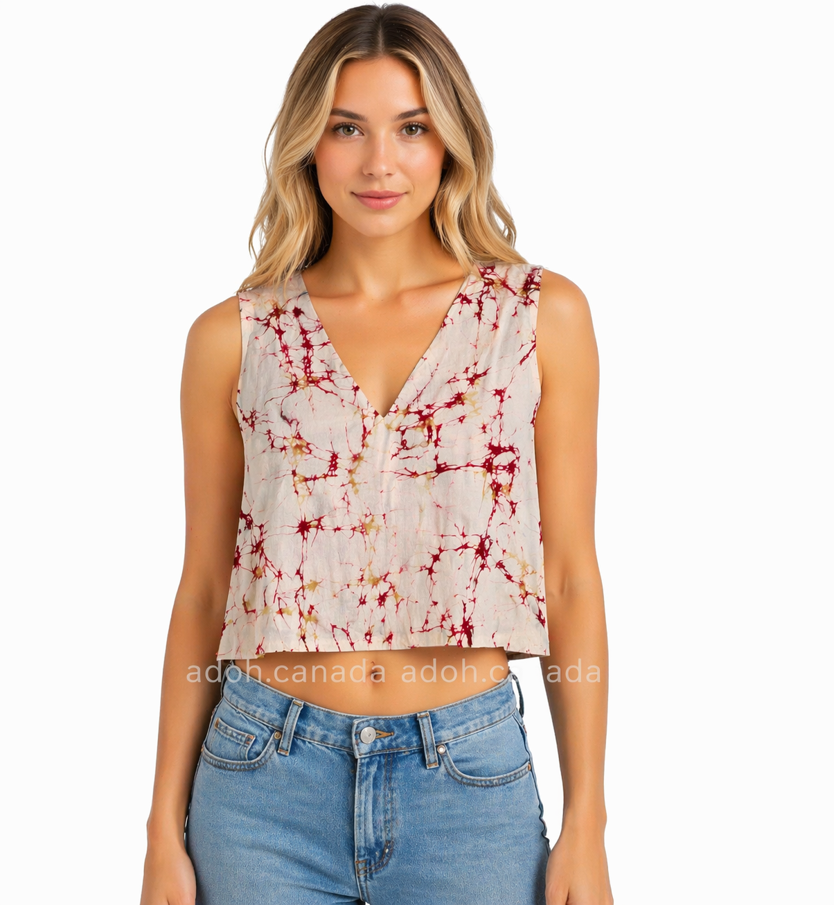 CC1654 - White Batik Crop Top with Red and baige cracks design| Ceylon Batik | Hand Made | Summer Collection | Cotton Crop top | Summer wear
