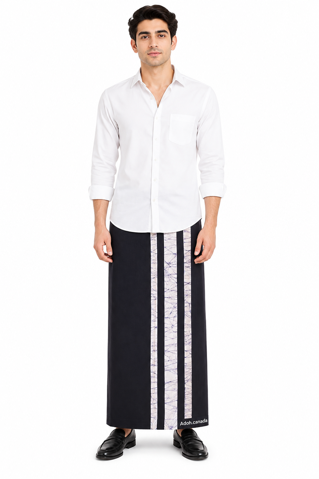 CSA1719 - Black sarong with white stripes design| Ceylon Batik | Hand Made | Men's Collection | Cotton Sarong| Summer Wear | Party Wear