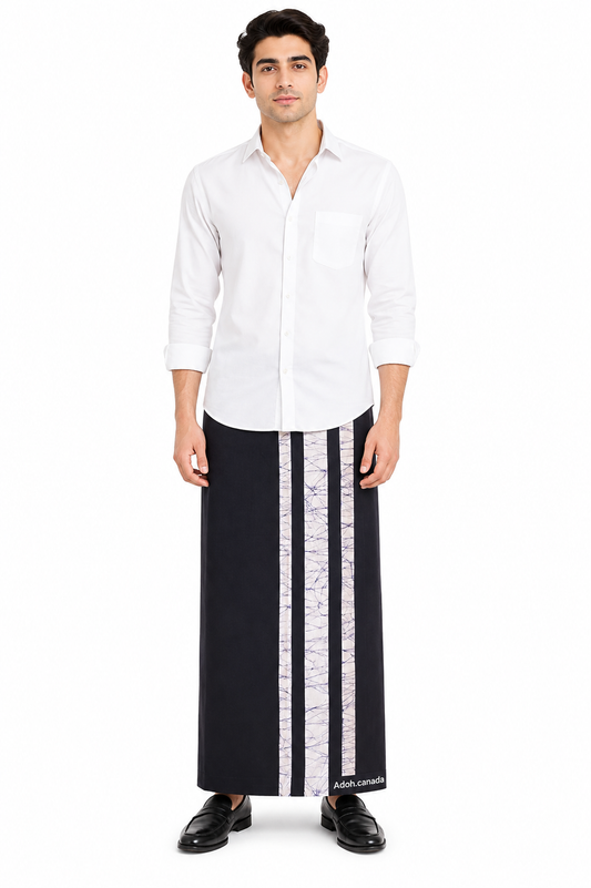 CSA1719 - Black sarong with white stripes design| Ceylon Batik | Hand Made | Men's Collection | Cotton Sarong| Summer Wear | Party Wear