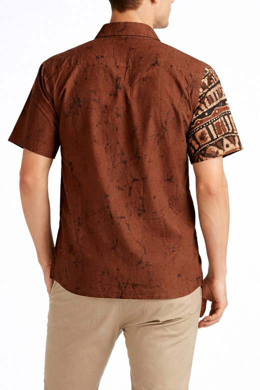 SH1522 - Dark brown shirt with black and baige designed Batik Shirt | Ceylon Batik | Hand Made | Men's Collection | Cotton Shirt | Summer Wear