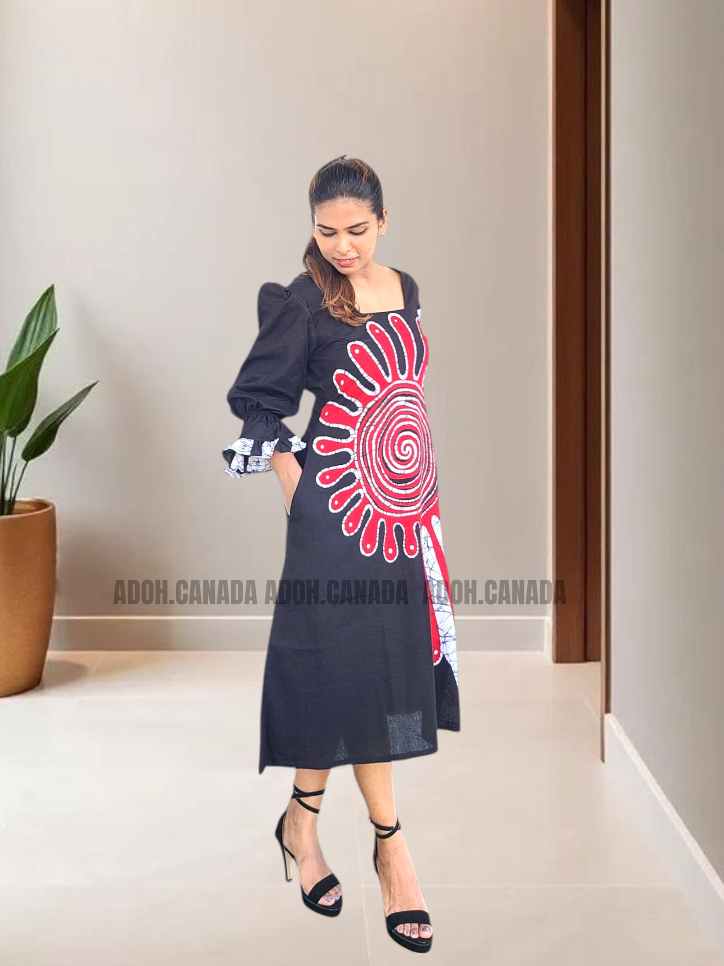 CC1535- Black dress with red and white designed Batik Dress| Ceylon Batik | Hand Made |Summer Collection | Cotton Dress | Summer