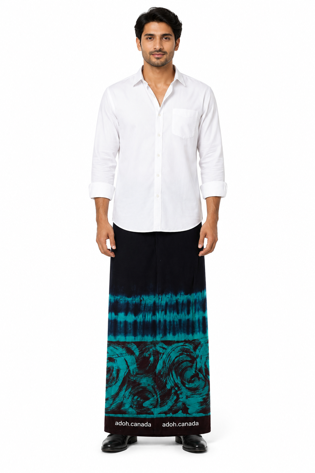 CSA1724 - Black sarong with sea greenish and brownish border design| Ceylon Batik | Hand Made | Men's Collection | Cotton Sarong| Summer Wear | Party Wear
