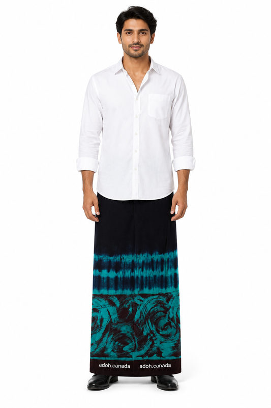 CSA1724 - Black sarong with sea greenish and brownish border design| Ceylon Batik | Hand Made | Men's Collection | Cotton Sarong| Summer Wear | Party Wear