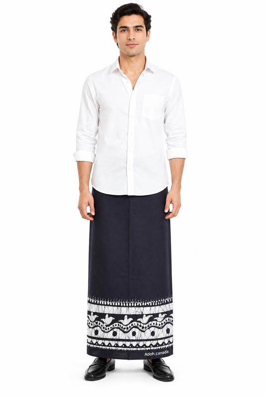 CSA1720 - Black sarong with white border design| Ceylon Batik | Hand Made | Men's Collection | Cotton Sarong| Summer Wear | Party Wear