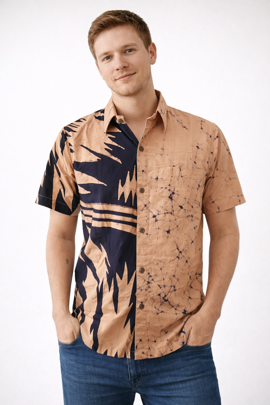 SH1144 - Light brown and black designed Batik Shirt | Ceylon Batik | Hand Made | Men's Collection | Cotton Shirt | Summer Wear