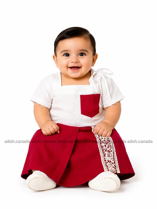 KSA1589 - Red Sarong with white renda design| Ceylon Batik | Hand Made | Kid's Collection | Cotton Sarong| Summer Wear | Cultural
