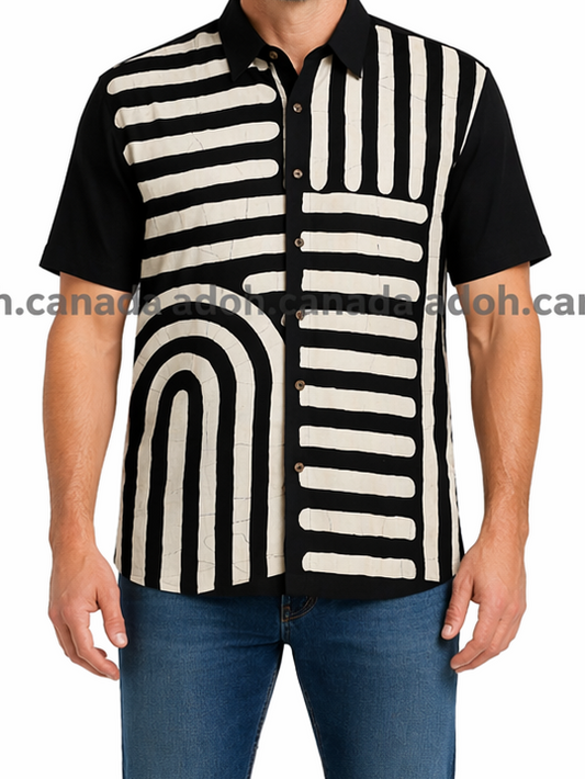 SH1550 -Black with white designed Batik Shirt | Ceylon Batik | Hand Made | Men's Collection | Cotton Shirt | Summer Wear