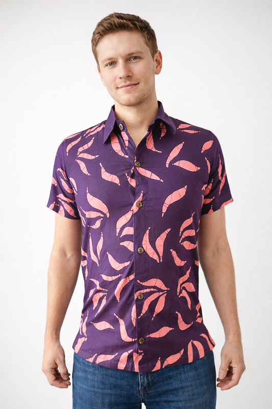 SH1149 -Dark Red with black designed Batik Shirt | Ceylon Batik | Hand Made | Men's Collection | Cotton Shirt | Summer Wear